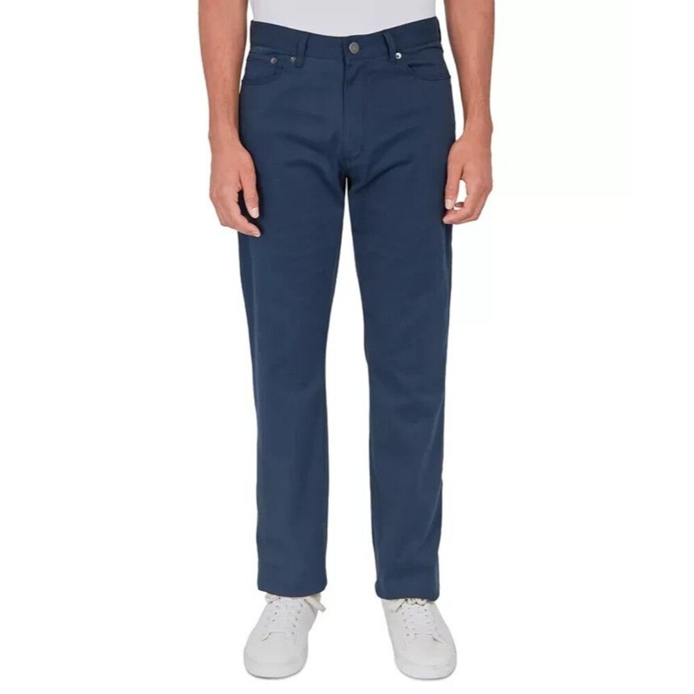 Society of Threads Men's Flat Front Regular Fit Solid 5 Pocket Pants Navy 34/32L